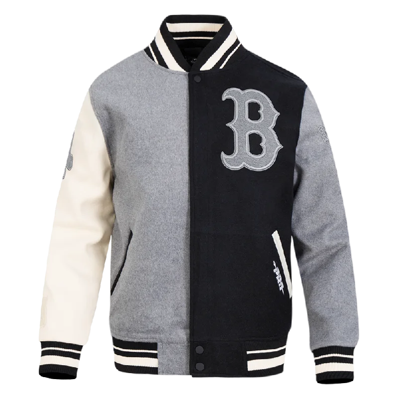 MLB BOSTON RED SOX REVERSE FRENCH TERRY MEN'S COLOR BLOCK WOOL VARSITY JACKET (BLACK/GRAY/EGGSHELL)