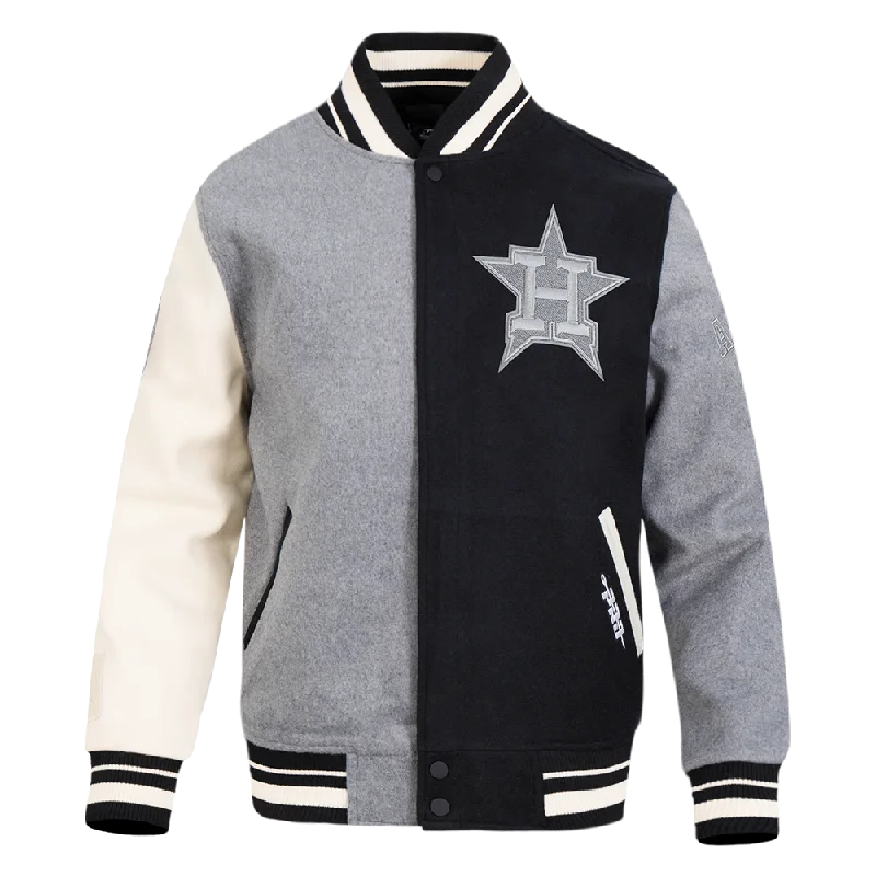 MLB HOUSTON ASTROS REVERSE FRENCH TERRY MEN'S COLOR BLOCK WOOL VARSITY JACKET (BLACK/GRAY/EGGSHELL)