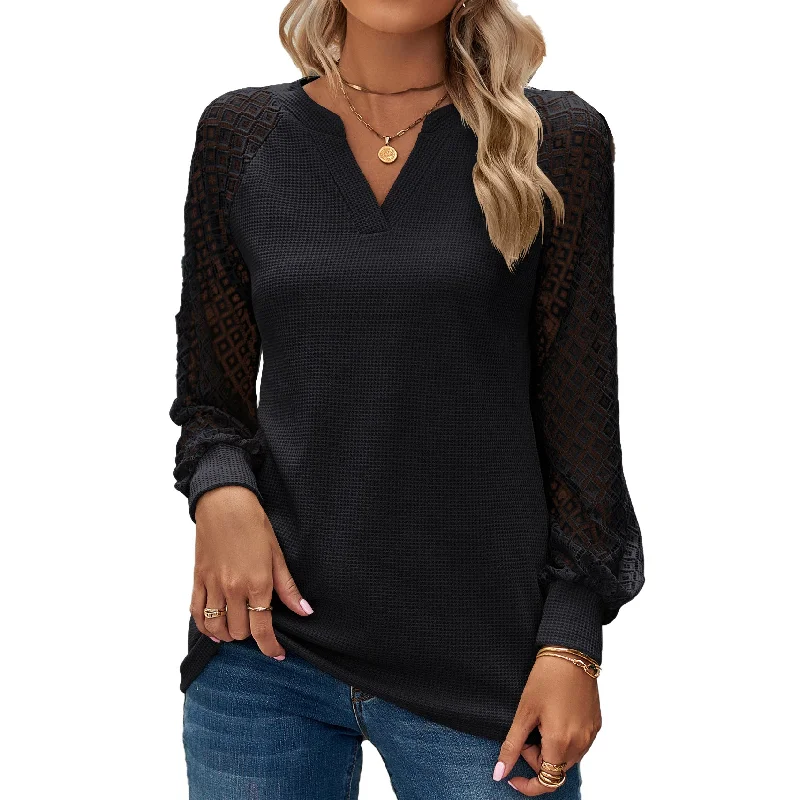 Lace Waffle Panel Long Sleeve V-Neck T-Shirt Top Wholesale Womens Clothing N3823112800040