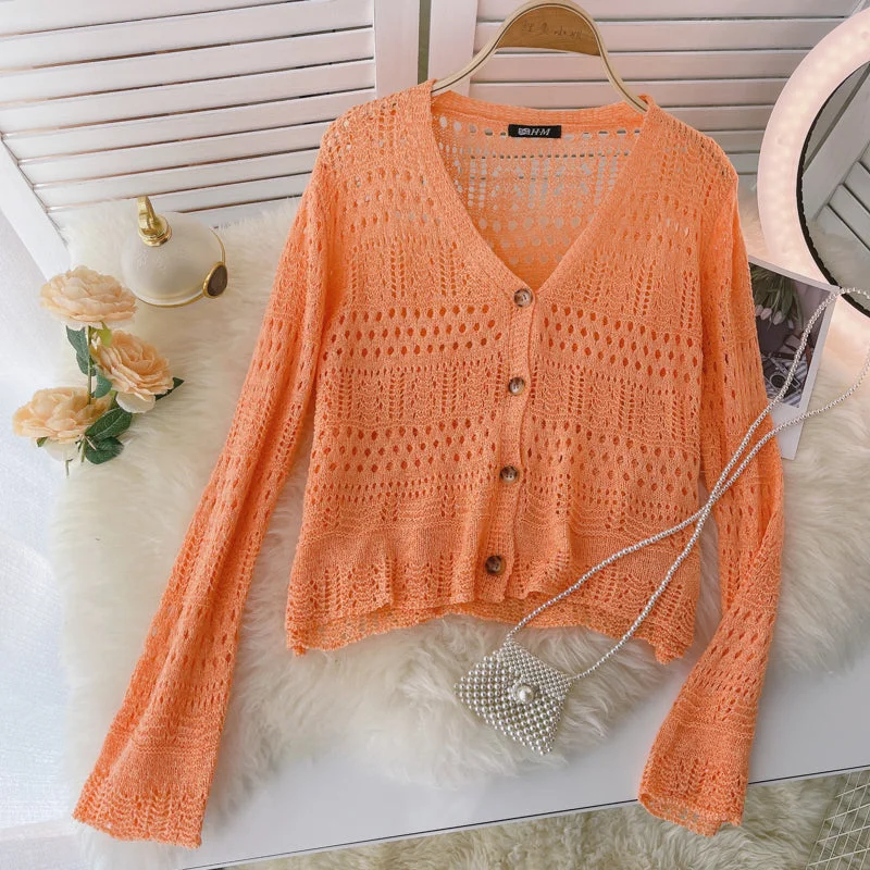 Knitted cardigan Vintage Crochet cut-out sunscreen long sleeve  1586