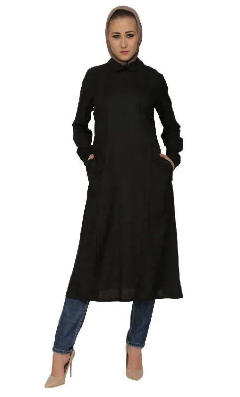 Pleated Panels And Peter Pan Collared Shirt Style Long Tunic (Black)