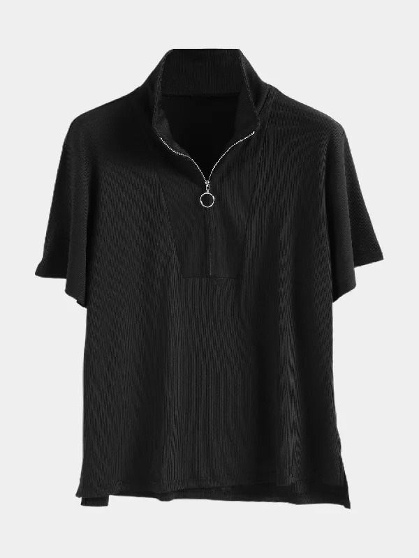 Midsize Ribbed Half-Zip Top with Side Split