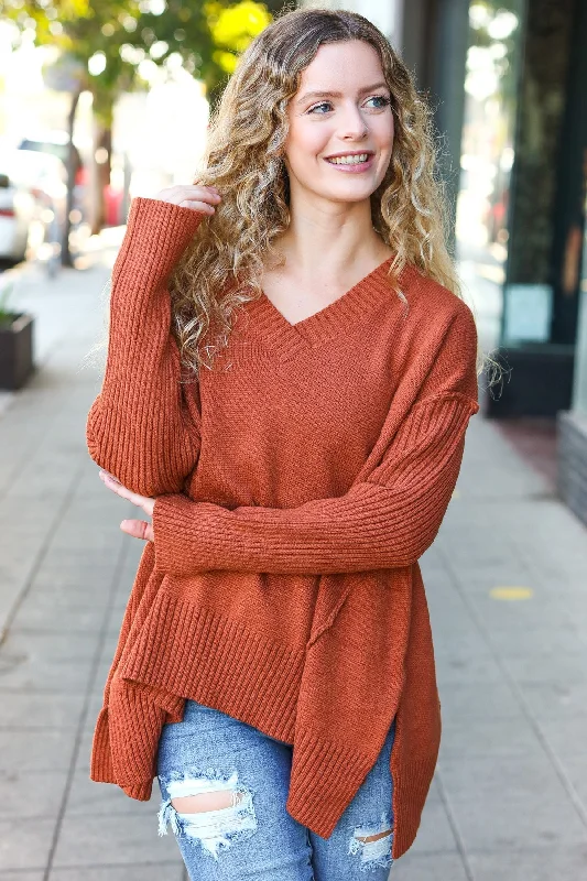 Rust Oversized V Neck Rib Knit Sweater