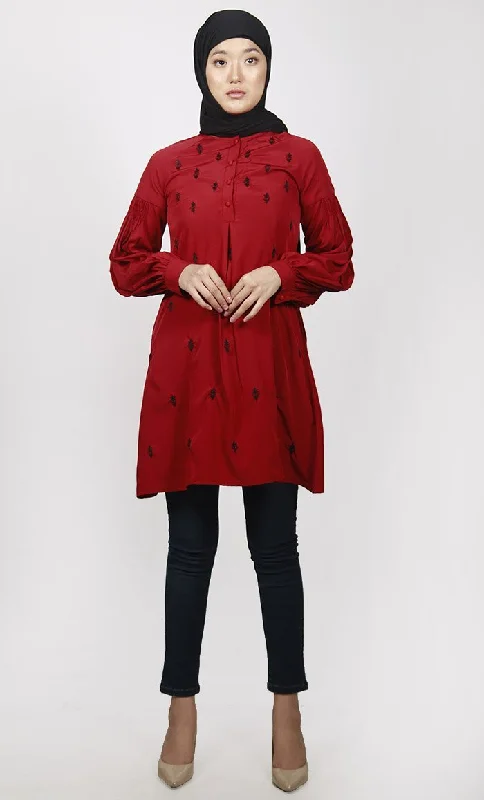 Subtle Red Motif Embroidered Tunic  With Both Side Pockets