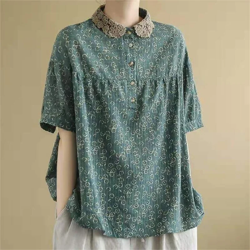 Vintage Floral Lace Lapel Pleated T-shirt