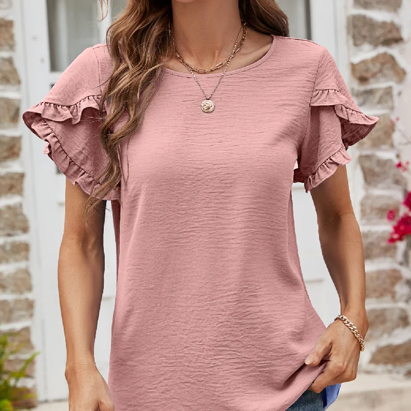 Women's Solid Color Round Neck Ruffled Short Sleeve Top Casual T-Shirt Wholesale Womens Clothing N3824010500028