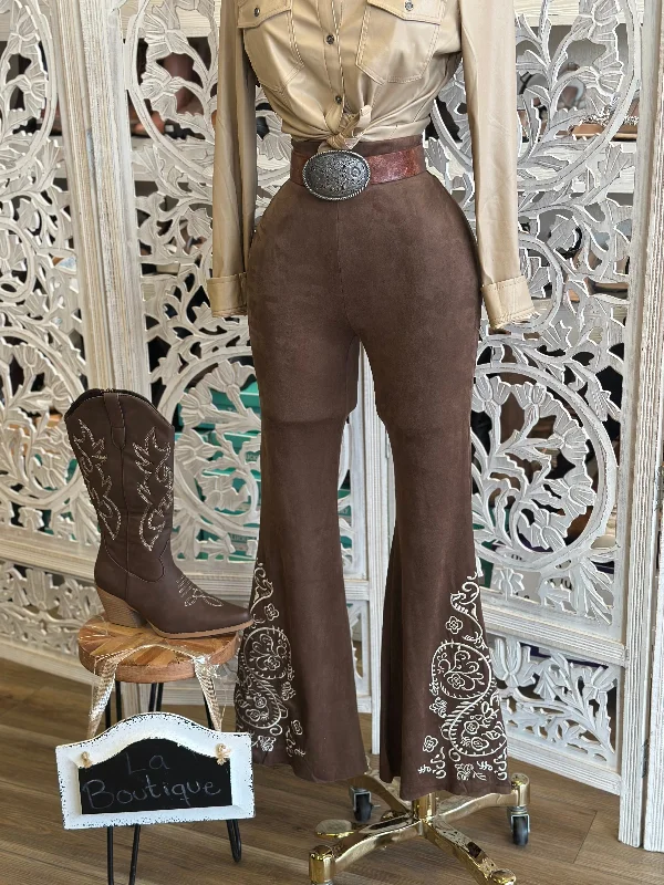 Suede Embroidered Flare Pants-Stretchy