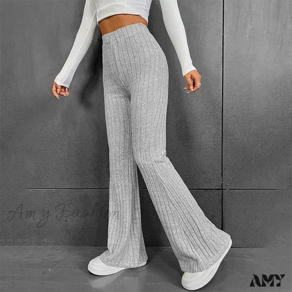 Ribbed Flare Mid Waist Slim Stretch Wide Leg Pants