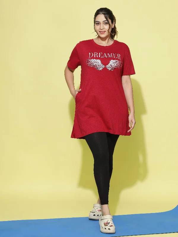 Red Cotton Long T-Shirt for Women Designed for Comfort and Style