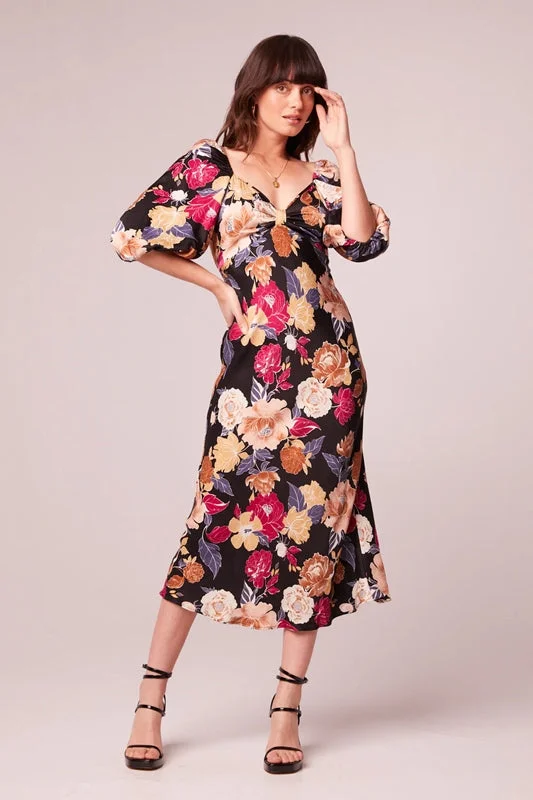 Floral Print Puff Sleeve Midi Dress - Black