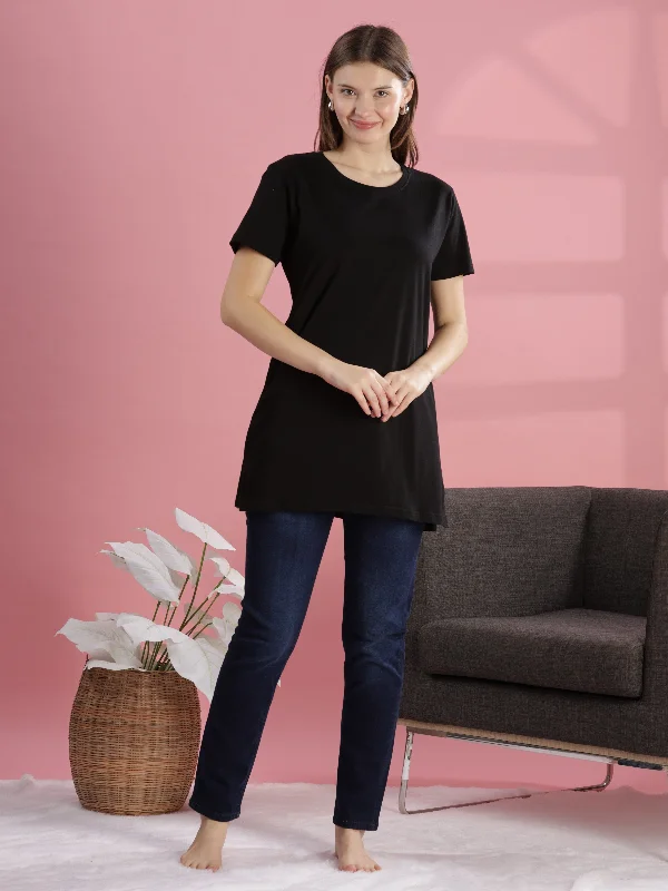 Black Long Cotton T-Shirt for Women With Versatile & Chic Fit