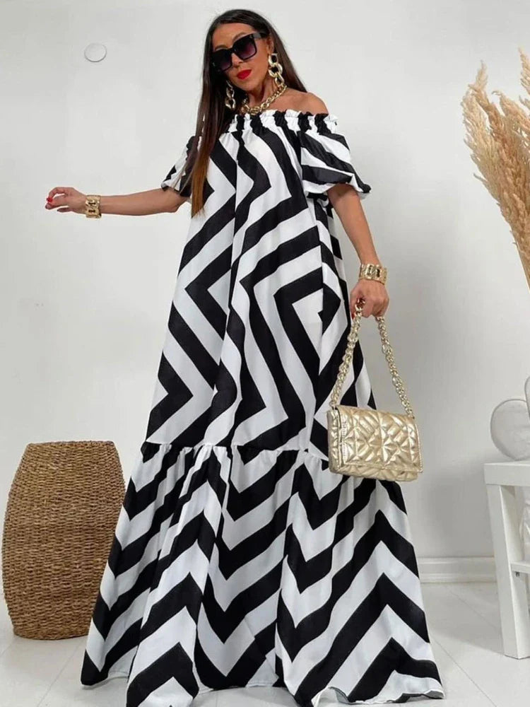 Long with Stripes for Women Loose Off Shoulder Print Horn Sleeve Midi Summer Holiday New Fashion Maxi Dress