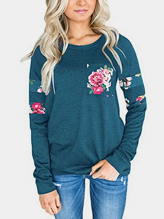 Custom Round Neck Floral Print Long Sleeve Green T-Shirts