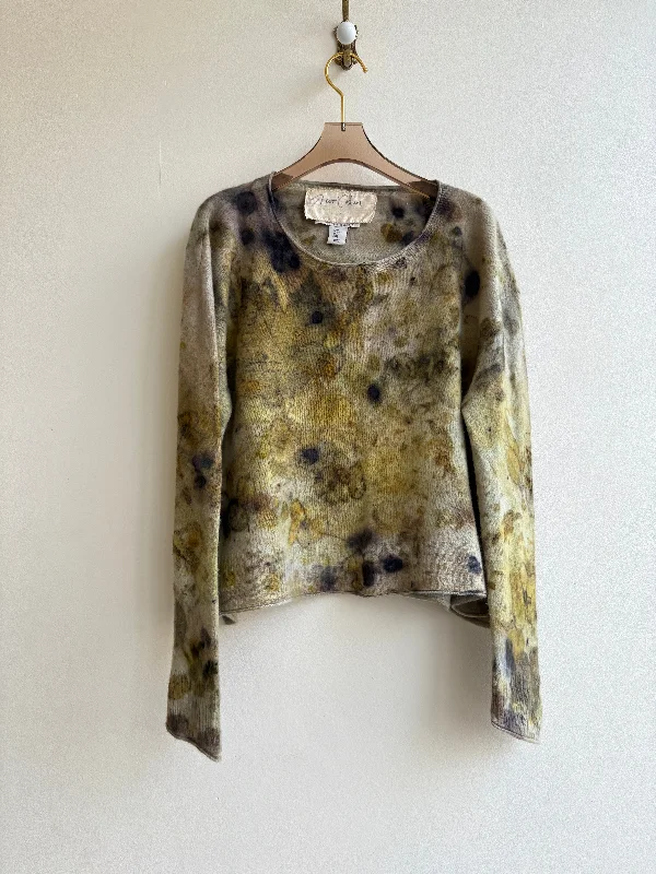 Eco Printed & Hand Drawn Chartreuse & Cream Cashmere Sweater (Reworked)