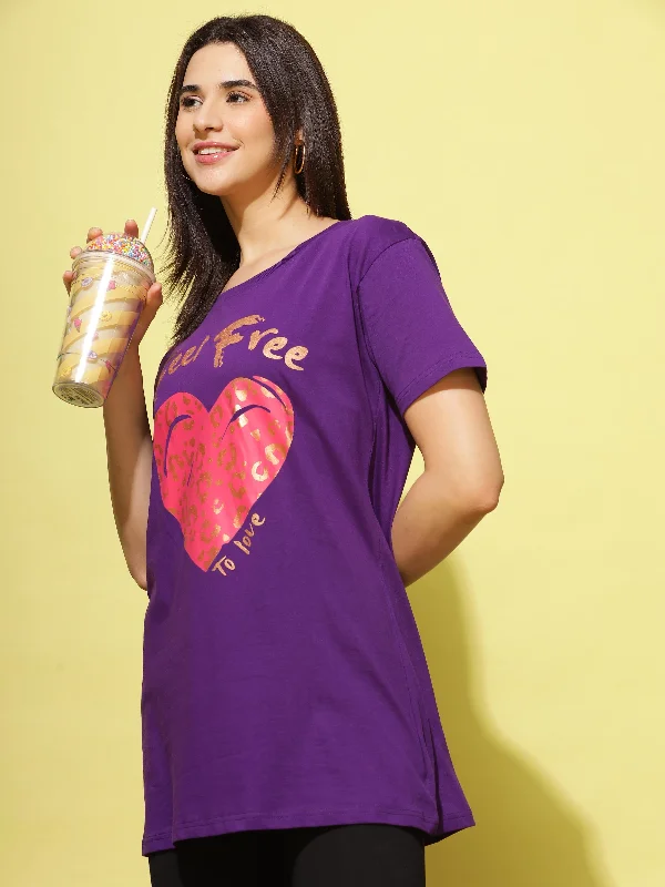 Purple Printed Long T-Shirt for Women Perfect for Casual Outings