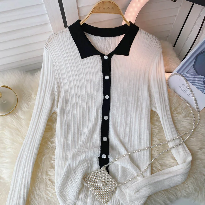 Autumn new single breasted polo collar contrast long sleeve sweater  1591