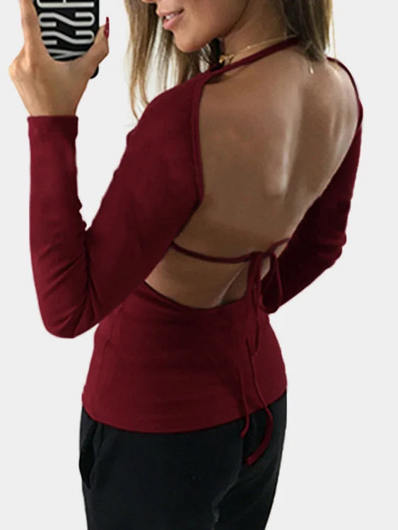 Custom Round Neck Plain Backless Long Sleeve Burgundy T-Shirts