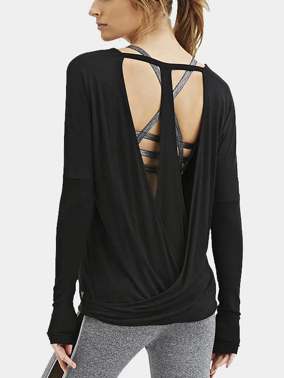 Custom Round Neck Backless Long Sleeve Black Top