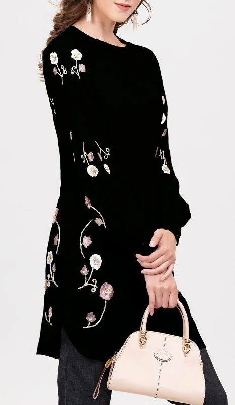 Iman Embroidered Formal Long Modest Tunic - Black