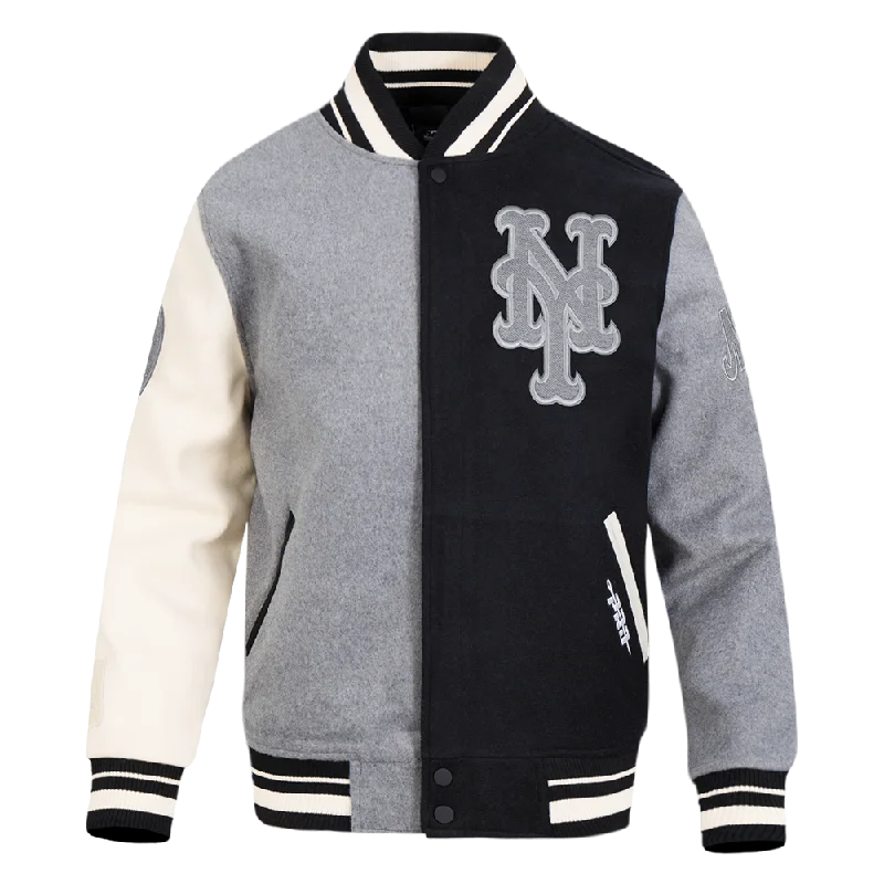 MLB NEW YORK METS REVERSE FRENCH TERRY MEN'S COLOR BLOCK WOOL VARSITY JACKET (BLACK/GRAY/EGGSHELL)