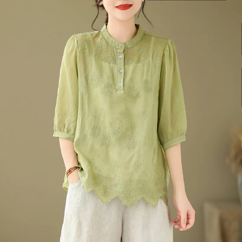 Summer Retro Embroidery Casual Linen T-Shirt