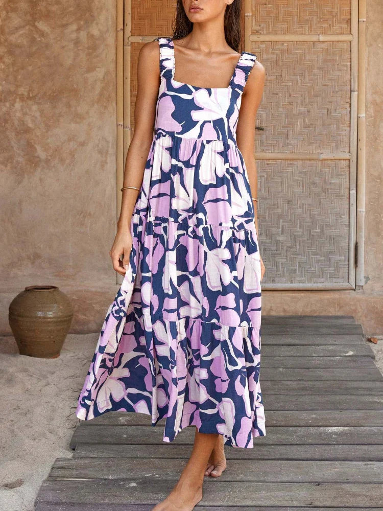 Pleated Beach for Women Holiday Strap A- Line Floral Printed Long Maxi Dress