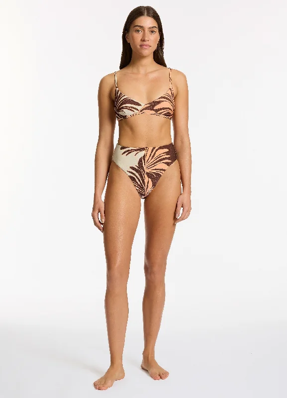 Dahlia Palm High Leg High Waist Bikini Bottom - Chocolate