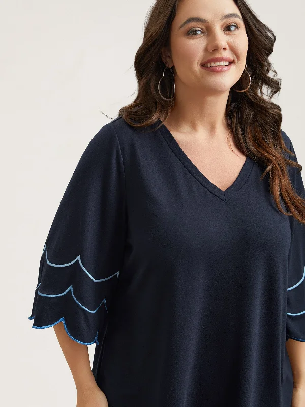 Embroidered Trumpet Sleeve V-Neck T-Shirt