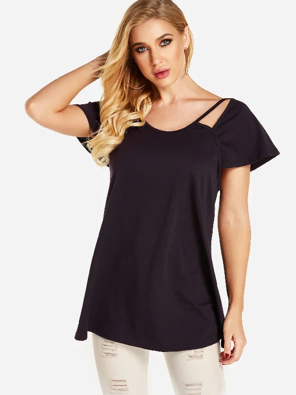 Custom Round Neck Plain Backless Hollow Short Sleeve Irregular Hem T-Shirts