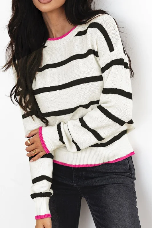 Striped Round Neck Drop Shoulder Sweater