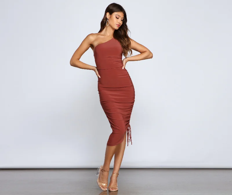 Eve One-Shoulder Stylish Ruched Midi Dress