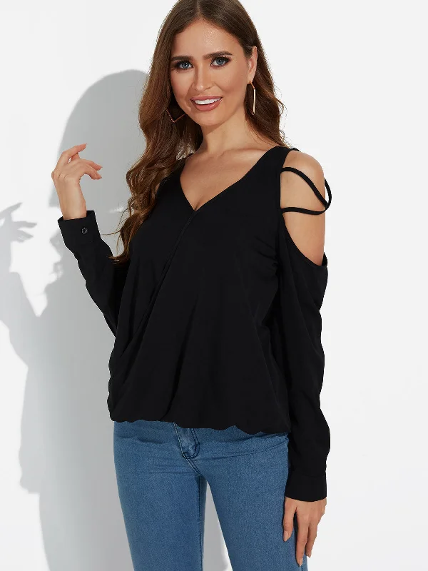 Custom V-Neck Cold Shoulder Long Sleeve Black Top