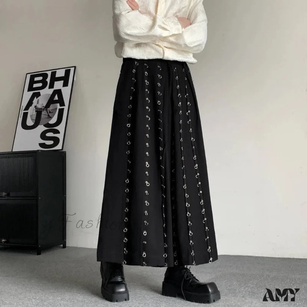 Button Pants Metal Patchwork Leg Wide Casual Pants Men