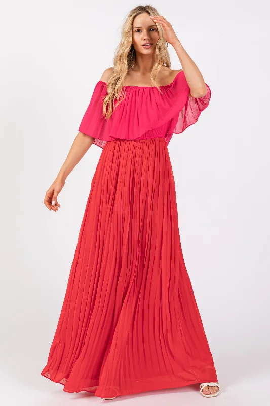 Red Pleated Off Shoulder Colorblock Maxi Dress