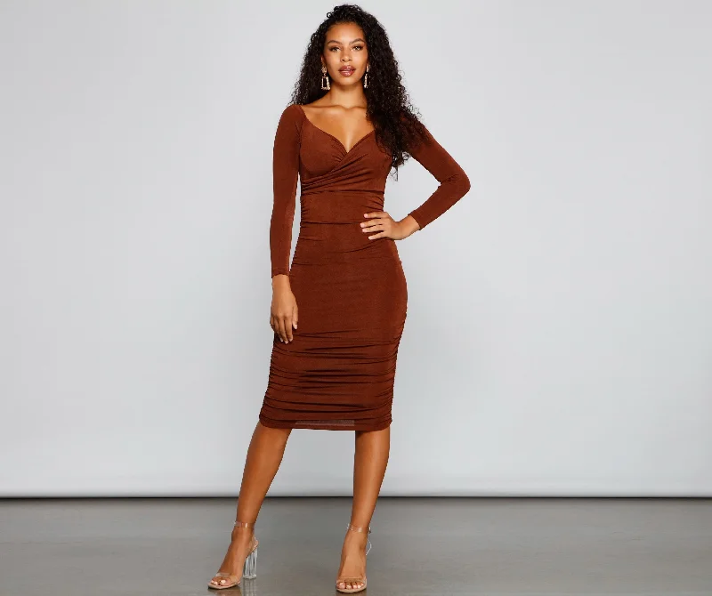 Melissa Long Sleeve Charming Ruched Midi Dress