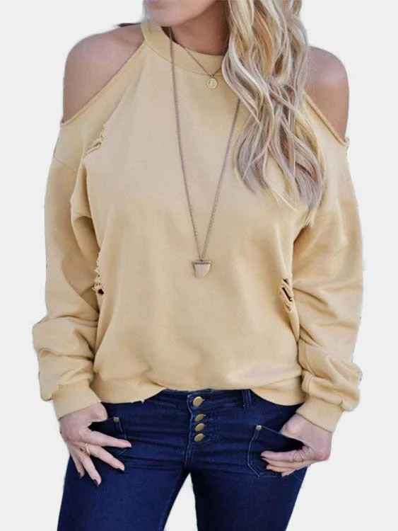 Custom Crew Neck Cold Shoulder Cut Out Long Sleeve Khaki T-Shirts