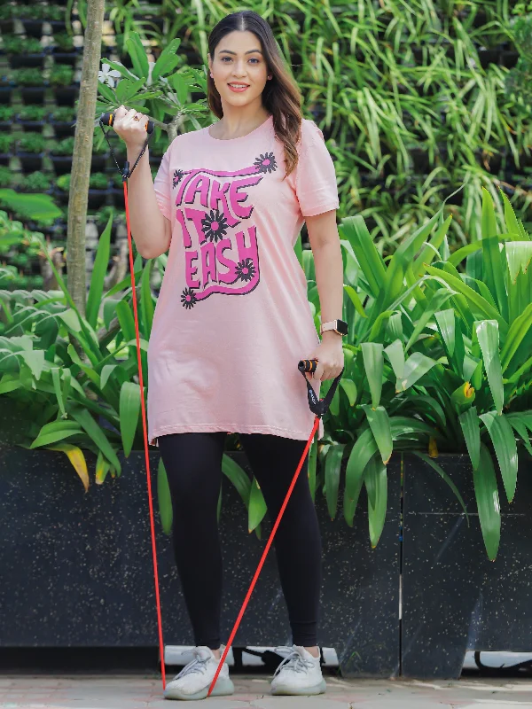 Light Pink Casual Long T-Shirt for Women with Side Pocket