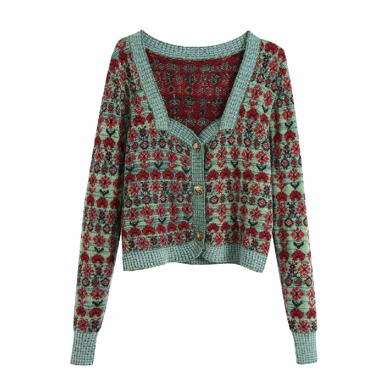 Retro court style jacquard square collar design sense cardigan women slim short sweater coat,CHEAP SALES!  1469