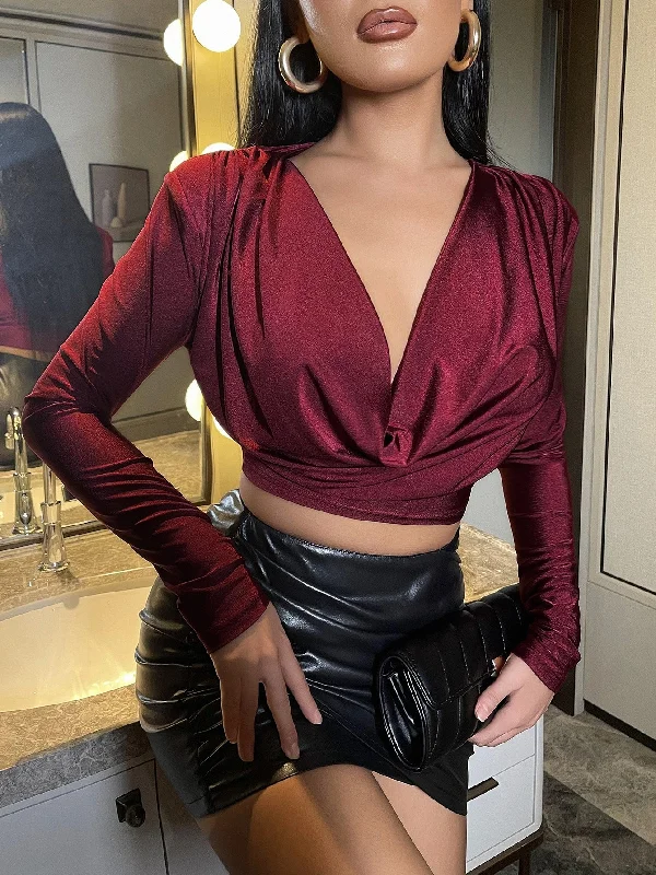 Sexy Plain Draped Long Sleeve Deep V Neck Crop Women T-Shirt