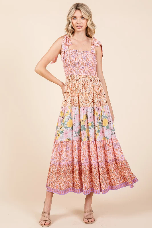 Mittoshop Tube Patchwork Border Print Midi Dress - Pink Combo