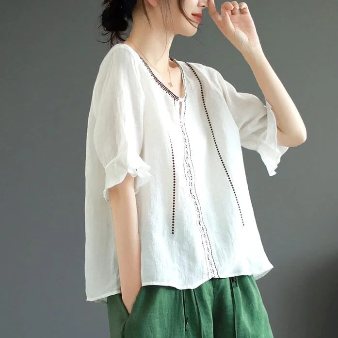 Summer Retro Embroidery Loose Cotton Linen T-Shirt