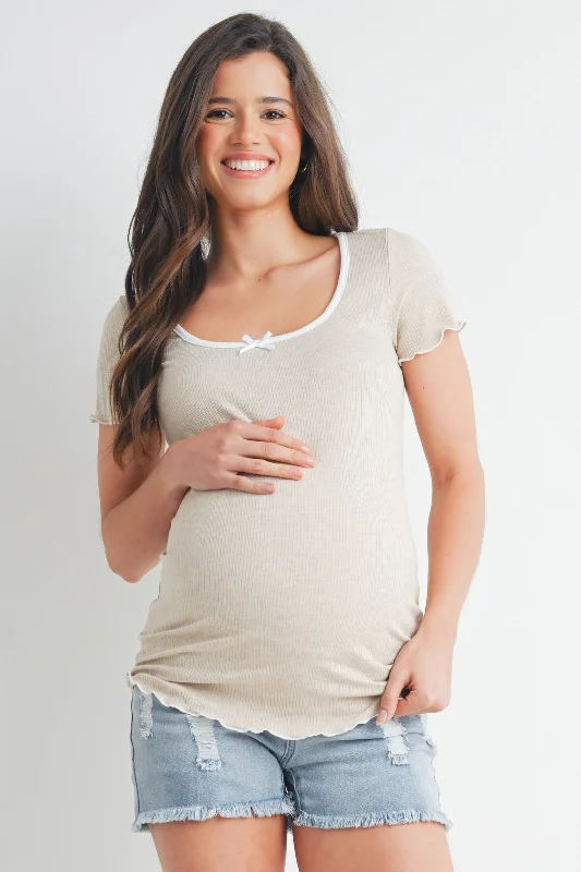 Ribbed Scoop Neck Lettuce Trim Maternity Top