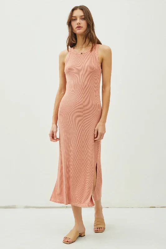 Rust Ribbed Knit Side Slit Sleeveless Dress