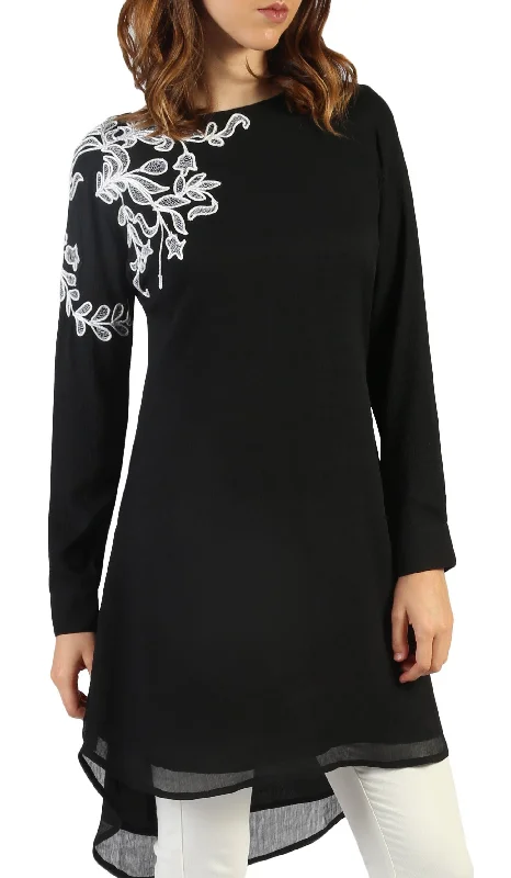 Selena Embroidered Long Modest Tunic - Black