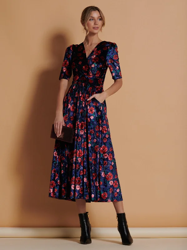 Floral Print Velvet Maxi Dress, Navy Floral