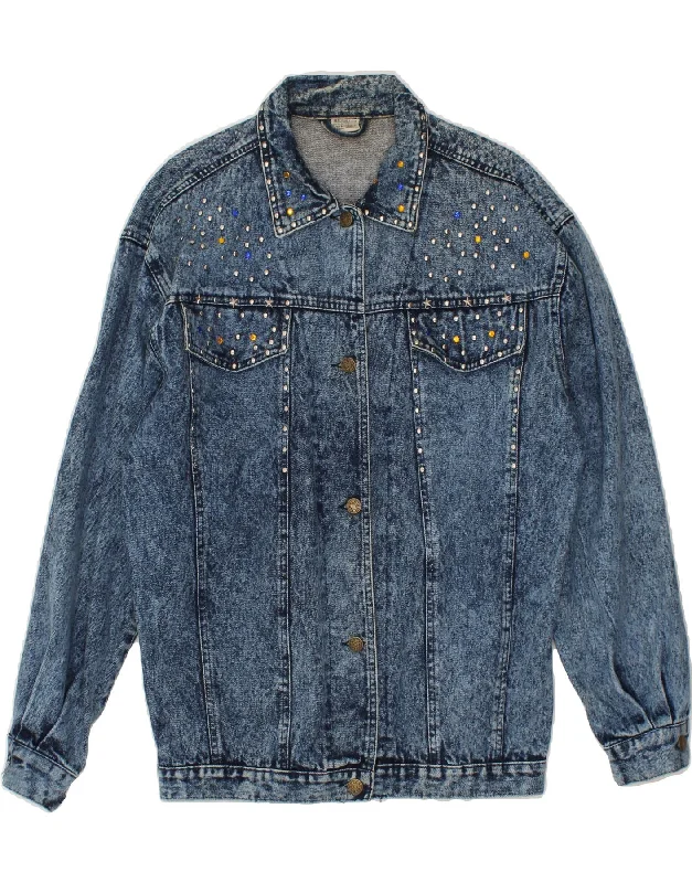 VINTAGE Womens Denim Jacket UK 16 Large Blue Spotted Cotton