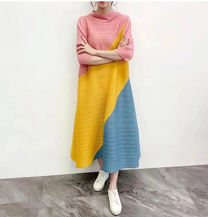 Miyake Pleated Color Block Midi Dress