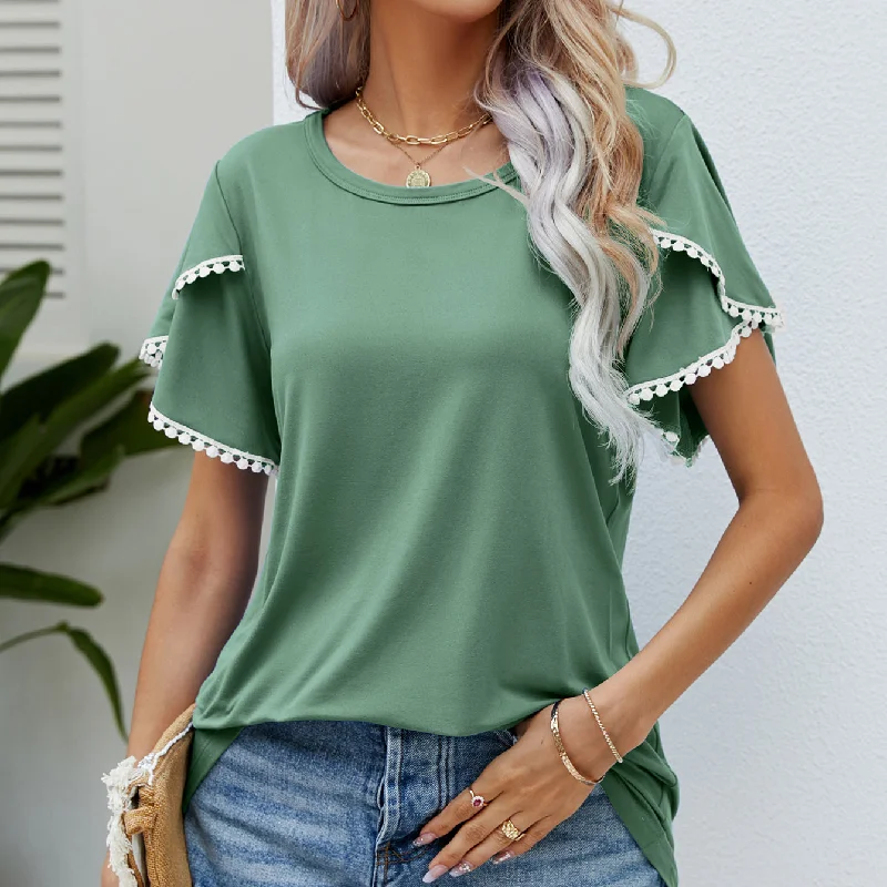 Women's Round Neck Tassel Tulip Sleeve T-Shirt Casual Tops Wholesale Womens Clothing N3824010500031