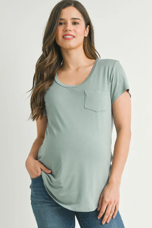 Nursing Friendly Scoop Neck Short Sleeve Maternity Pocket T-Shirt