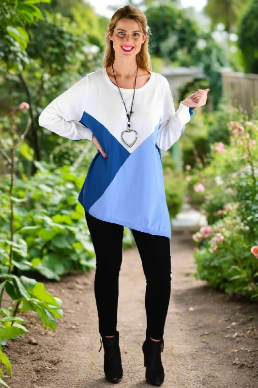 White Blue Patchwork Pattern Jumper